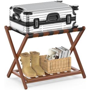 BAMBOOHOMIE Bamboo Luggage Rack for Guest Room, Wide Suitcase Stand with Storage Shelf, Folding Luggage Stand Holder for Bedroom Hotel, 26.77" Thickened Luggage Rack for Suitcases, Brown