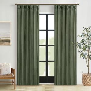 Pinch Pleated Olive Green Linen Curtains 84 Inches Long 2 Panels Set for Living Room Bedroom Dining Pinch Pleat Back Tab Light Filtering Farmhouse Boho Dark Green Loden Window Curtain Drapes W50xL84