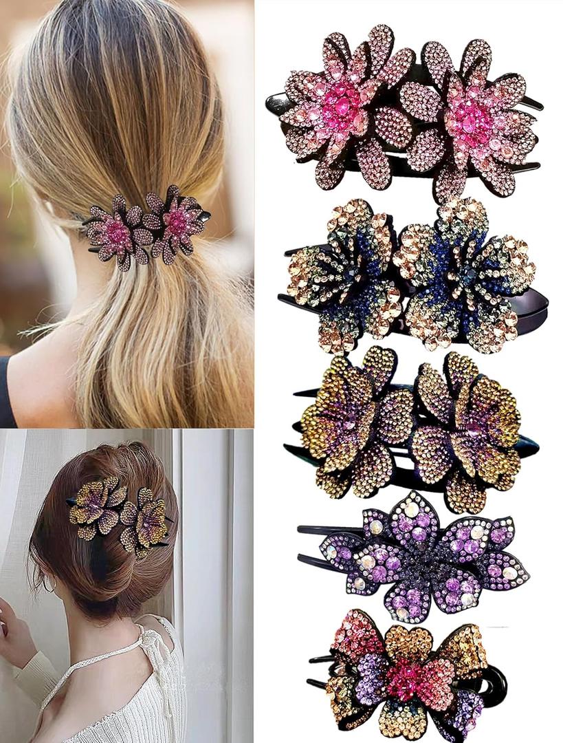5 Pcs double flower decorative jeweled rhinestone hair clip pretty fancy floral thick crystal hair clips for women beautiful fashion designer asian accessories long chinese korean vintage ornaments