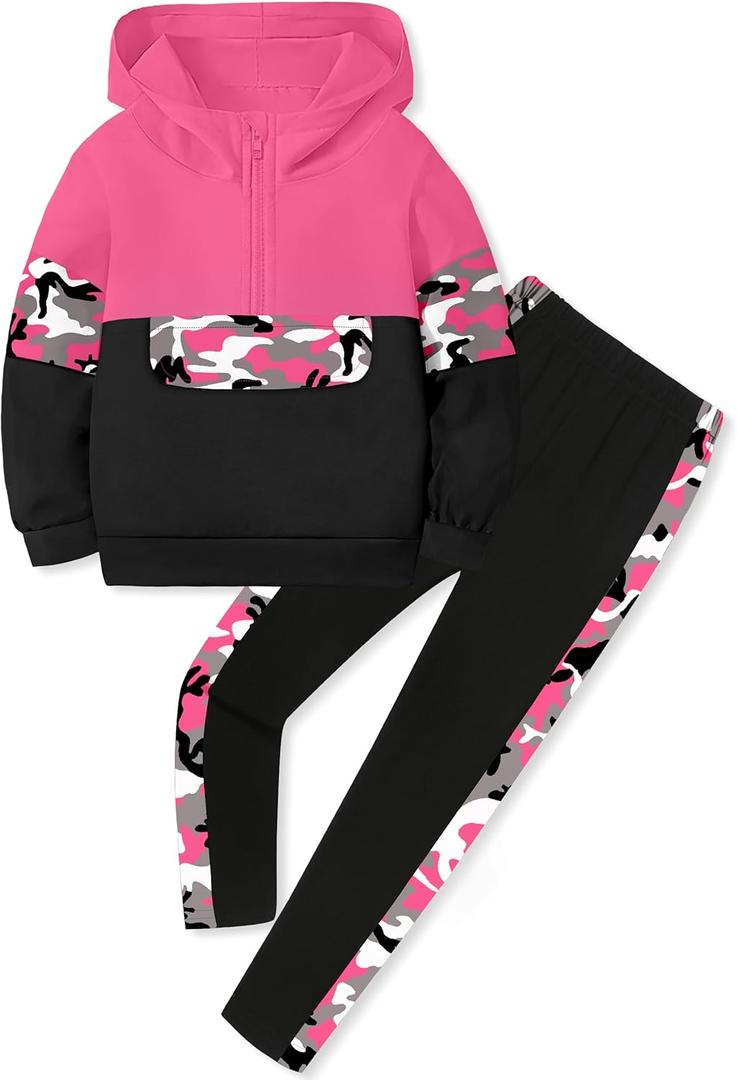 Toddler Girl Clothes Camo 2 Piece Little Girls Clothes Half Zip Up Hoodies Color Block Outfits Sweatshirt Pant Sets (4-5T, Pink)