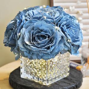 Artificial Rose in Glass Vase Vintage Silk Flower Arrangement with LED Light for Table Centerpiece Home Wedding Decoration (Dusty Blue) 7.9"D x 7.9"W x 7.1"H