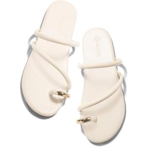 Coutgo Womens Strappy Flat Sandals Square Open Toe Flip Flops Slides Toe Ring Metal Summer Dress Shoes, Beige, size 7.5