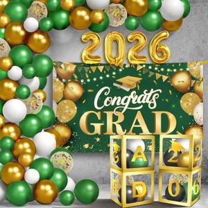 3 x Graduation Decorations 2026 | Green and Gold - Pack of 76 | Congrats Grad Banner | Green Graduation Banner and Grad Balloon Boxes | Graduation Balloon Arch Kit 2026 Graduation Decorations, KatchOn