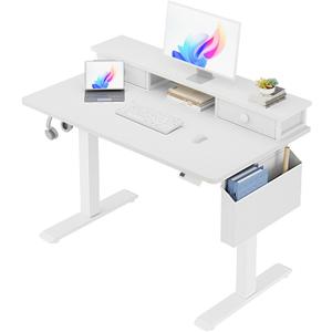White Electric Standing Desk with Drawers - 40 Inch Small Standing Desk with Shelf Monitor Stand Storage Height Adjustable for Home Office, Study Writing Girls Computer Sit Stand Desks for Bedroom, 39.4''