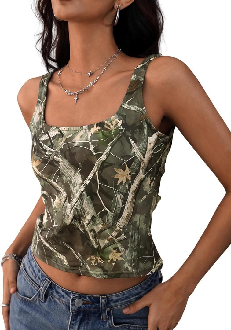 Women's Camo Workout Tank Tops Summer Scoop Neck Sleeveless Athletic Shirts (S)