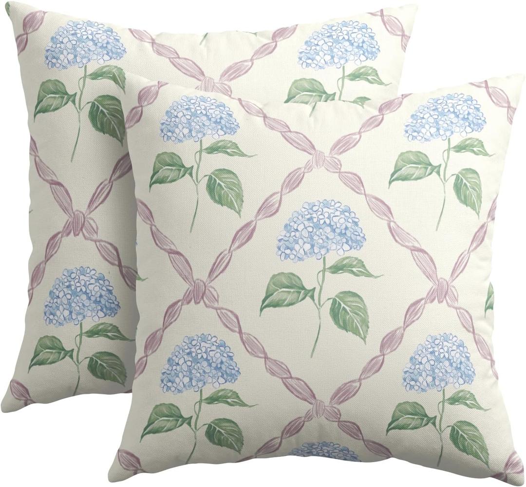 Kawani Hydrangea Pillow Covers 18x18 Inch Watercolor Blue and Pink Floral Outdoor Decorative Throw Pillows Set of 2 Rustic Elegant Flower Pillowcases Cushion Covers for Home Couch Decor