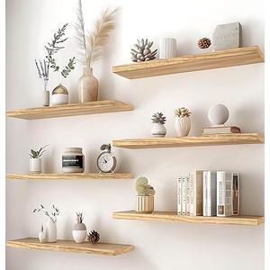 PHPH 24 Inch Wood Floating Shelves for Wall, Wooden Wall Shelves for Bedroom, Set of 6 Light Brown