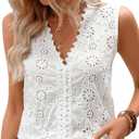MakeMeChic Women's Guipure Lace Trim Eyelet Embroidery Blouse V Neck Sleeveless Blouses Top White Small
