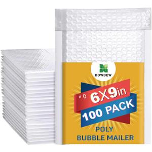 Water Resistant Bubble Envelope Mailers [100 Pack] 6 inch x 9 inch #0 White Poly Padded Shipping Envelopes Self Sealing Cushioned Packaging Bags (#0 [6"x9"])