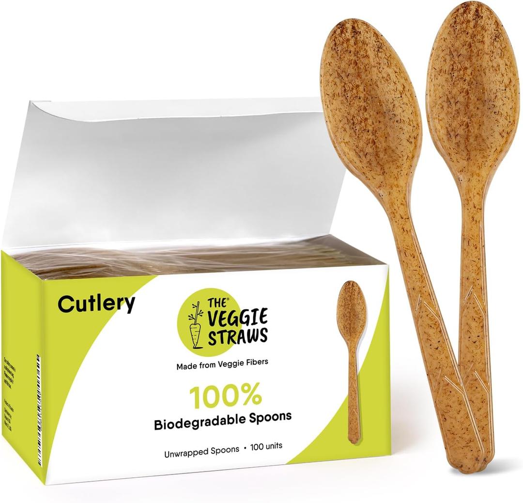 Premium Quality100% Biodegradable Spoons Made of Vegetable Fibers, 100 PCS of 6.7 Long Heavy-Duty and Splinter Free Eco-Friendly Spoons, Perfect Sustainable Cutlery for All Types of Occasions