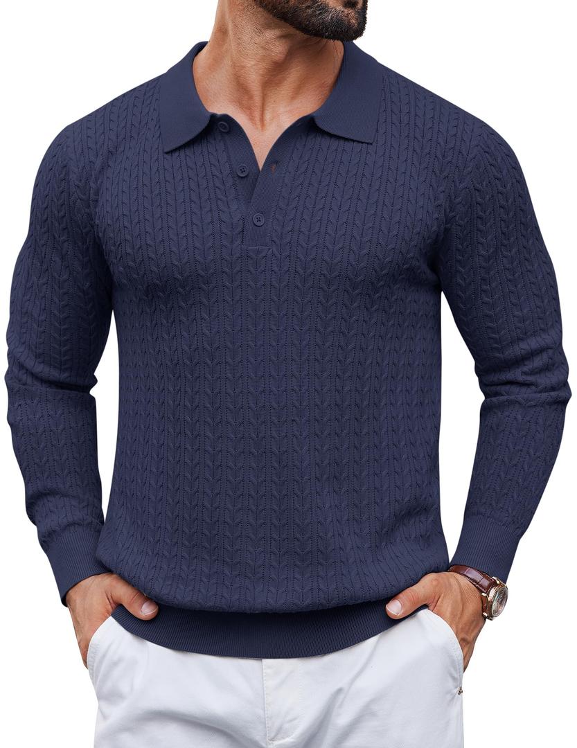 COOFANDY Men Long Sleeve Quarter Button Sweaters Ribbed Knit Pullover Sweater Casual Cable Polo Shirt Fall Polo Sweaters Blue Purple (Blue)