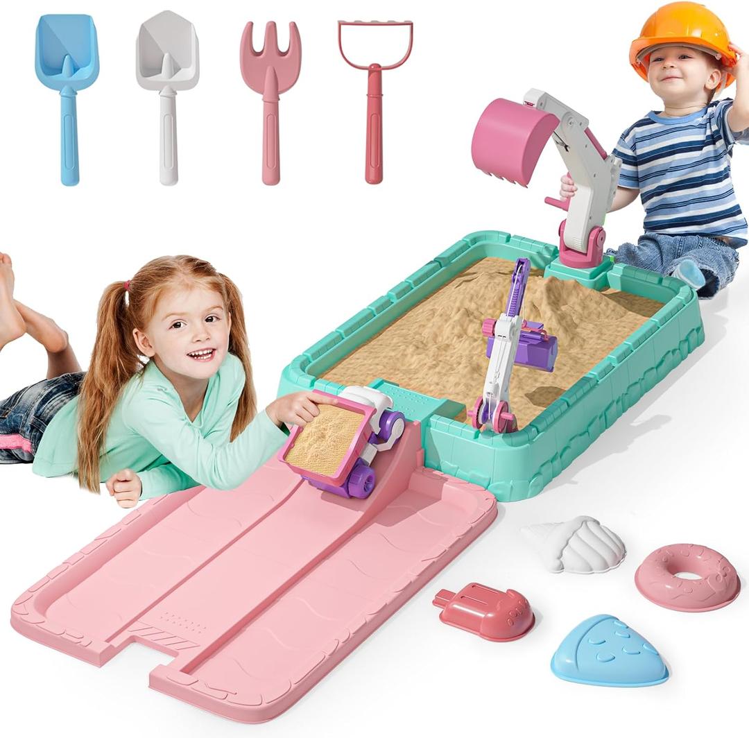 Sandbox with Lid, Kids Construction Sand Box with Excavator, Crane, Molds for Sensory Play, Toddler Outdoor Indoor Toys for Boys Girls Ages 3+ (Pink)