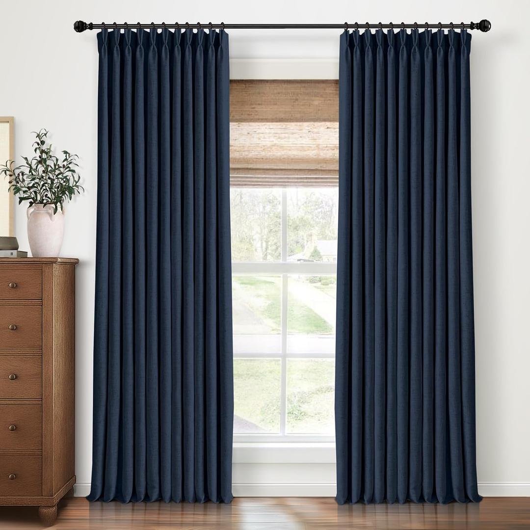 Pinch Pleated Curtains Blackout, Linen Blackout Curtains 90 inches Long 2 Panels Set for Bedroom, Thermal Insulated Pinch Pleated Drapes for Living Room, 40" W x 90" L (Pack of 2), Navy Blue