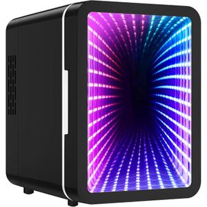 Skincare Fridge - 4L Mini Fridge with Thousand-layer Mirror of 12 Color Adjustable LED Lights, Cooler and Warmer, Beverage Cooler for Bedroom, Gaming Room, Office and Car, Black