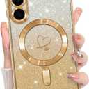 Bonoma Compatible with Samsung Galaxy S25 Case Support for MagSafe, Plating Heart Glitter Magnetic Case TPU Camera Protection Back Cover for Phone Case -Gold