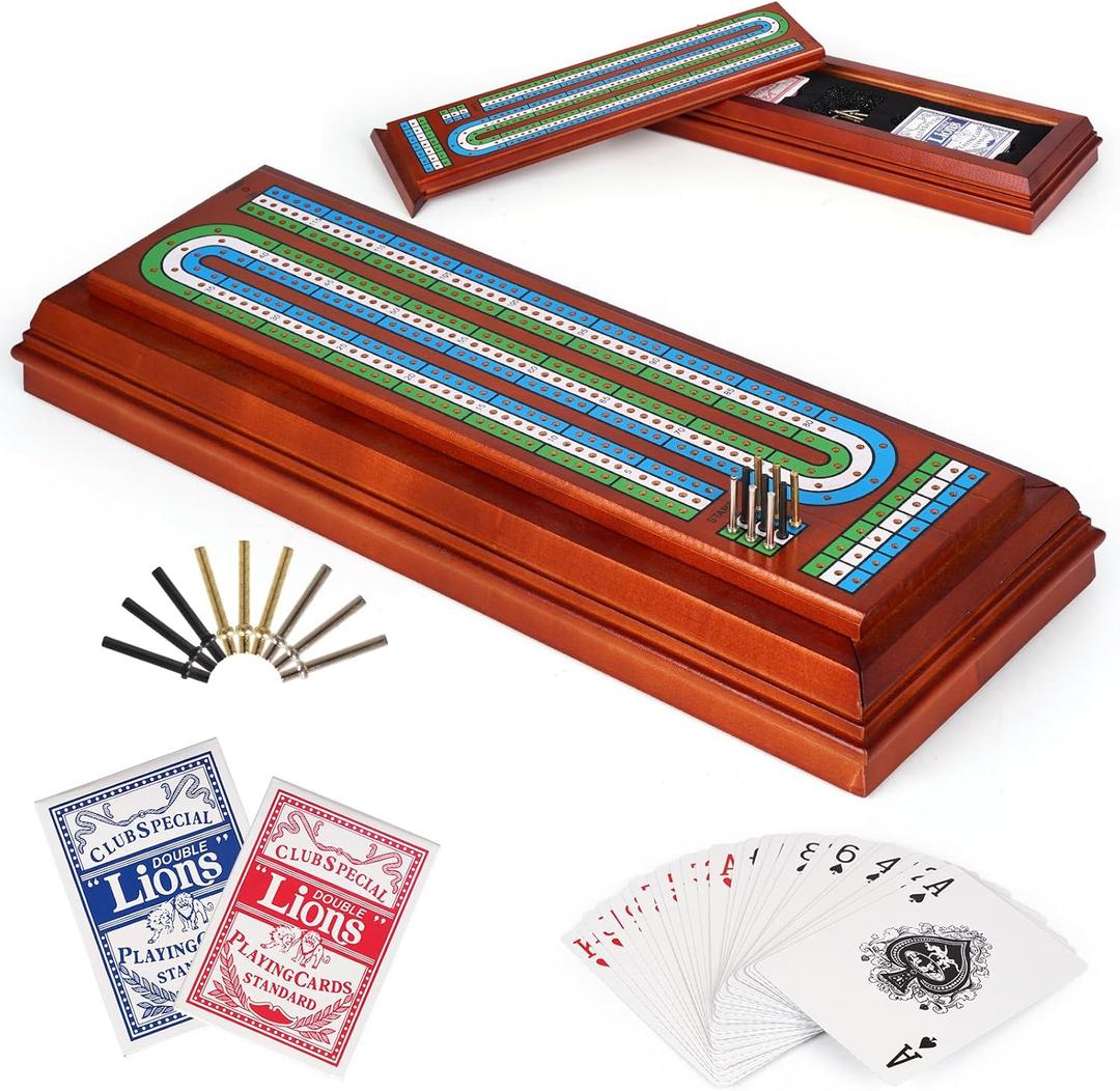 Wooden Cribbage Board Game Set with Cards and Metal Pegs, 3 Track Cribbage Board with Storage Drawer, Portable Travel Cribbage Set for Adults, Families, Seniors, Camping & Game Night
