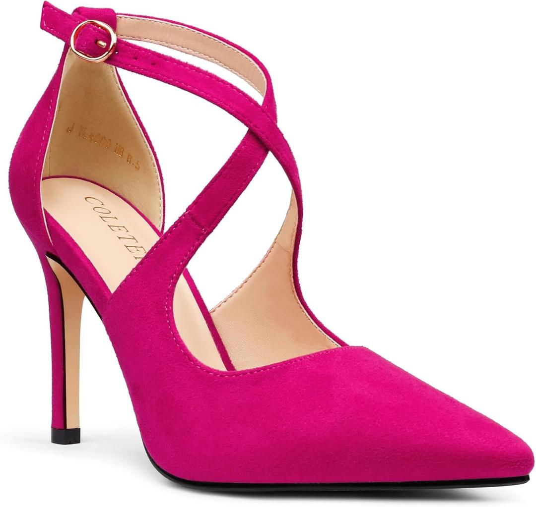 COLETER Womens 4" Pointed Toe D'Orsay Pumps Stilettos High Heel Crossed Ankle Strap Dress Shoes (10.5, Hot Pink Suede)