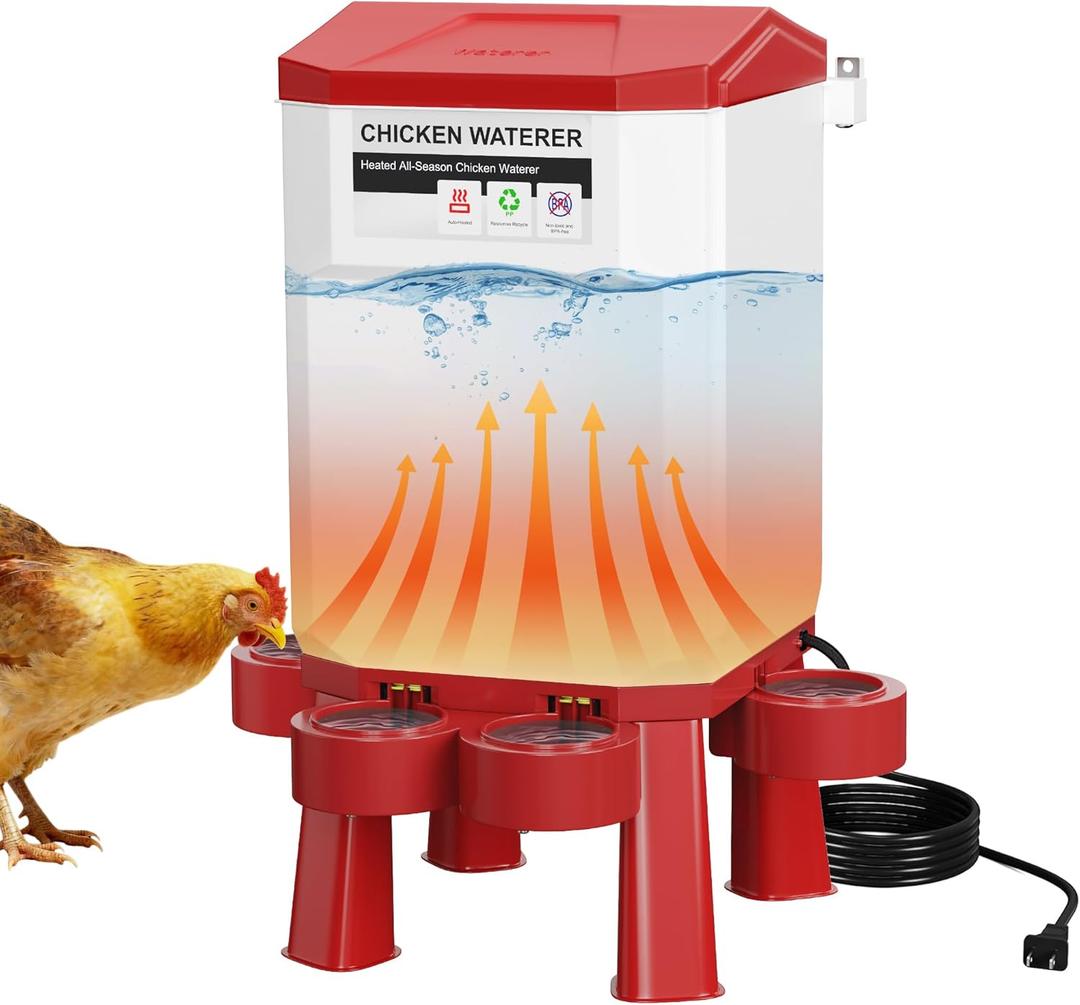 HIRALIY Heated Chicken Waterer 3 Gallon Red, Freeze Proof Heated Poultry Waterer with 4 Drinking Cups for Chicks, Chickens, Ducks, Geese
