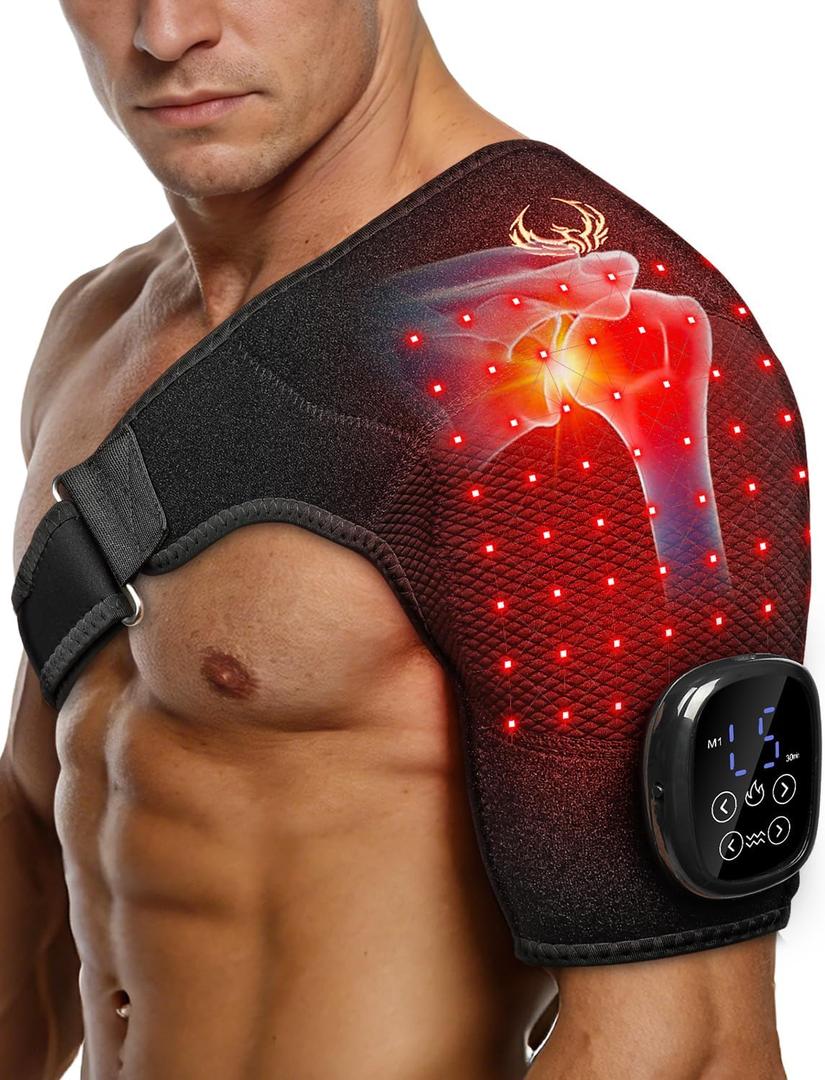 Seenew Red Light Therapy for Shoulder with Heat Massage, Portable Heated Shoulder Pad with Rechargeable Controller, Red Light Therapy Wrap with 216 Beads 660nm & 850nm for Men and Women