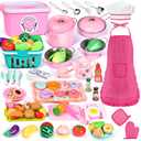121Pcs Play Kitchen Accessories, Kids Kitchen Playset, Pretend Play Food Tea Party Set, Toy Kitchen Kids Cooking Real with Apron＆Chef Hat, Utensils Cookware Pots＆Pans, Toy Organizer, Toddler Toys Gift