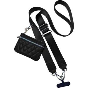 Clip and Go Strap for Phone with Wallet Crossbody, Adjustable Wrist Strap with Zippered Pouch, PU Leather Purse (Black)