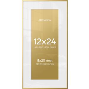 Homeforia 12x24 Picture Frame Gold, High End Metal 12x24 Poster Frames with Mat 8x20 inch Photo, 12 x 24 Gold Frames Matted to 8 by 20 Print, 24x12 Panoramic Frames, Tempered Glass, Wall Kit, Set of 1