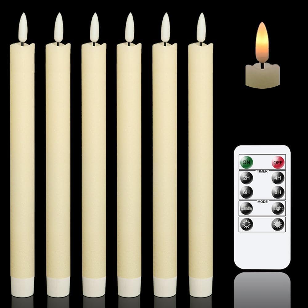 GenSwin Flameless Ivory Taper Candles Flickering with 10-Key Remote, Battery Operated Led Warm 3D Wick Light Window Candles Real Wax Pack of 6, Christmas Home Wedding Decor(0.78 x 9.64 Inch)