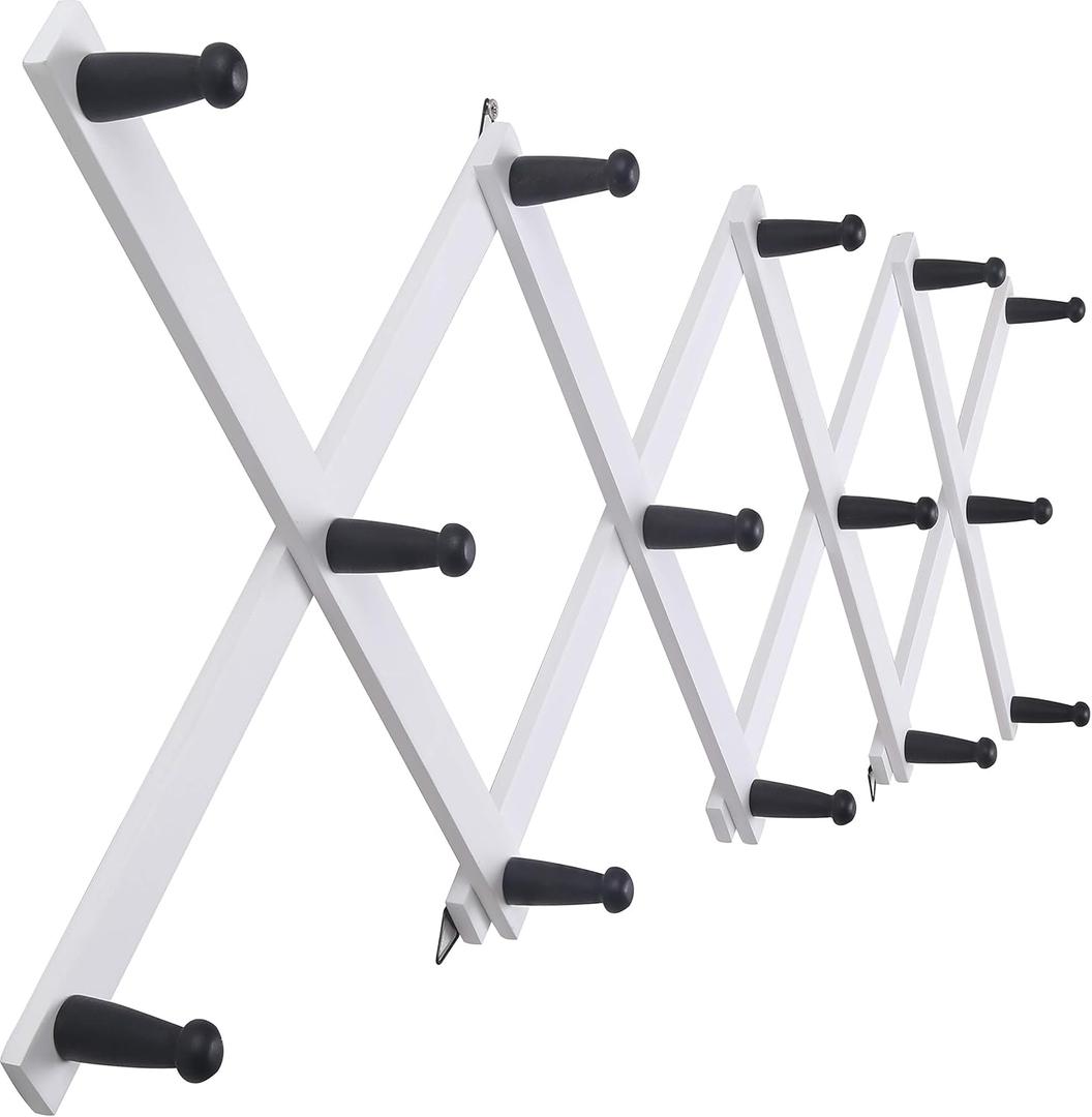 SKOLOO Hat Rack for Wall with 14 Hooks, Solid Wooden, Modern, Expandable Coat Rack Wall Mount for Coats, Hats, Bags, Baseball Caps, Black on White