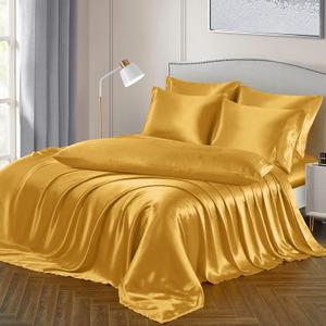 Ersmak 7 Pieces Satin Sheets Set King Size, Luxury Silky Gold Satin Bed Sheets Set with 1 Deep Pocket Fitted Sheet, 1 Soft Flat Sheet, 4 King Pillowcases and 1 Body Pillowcase