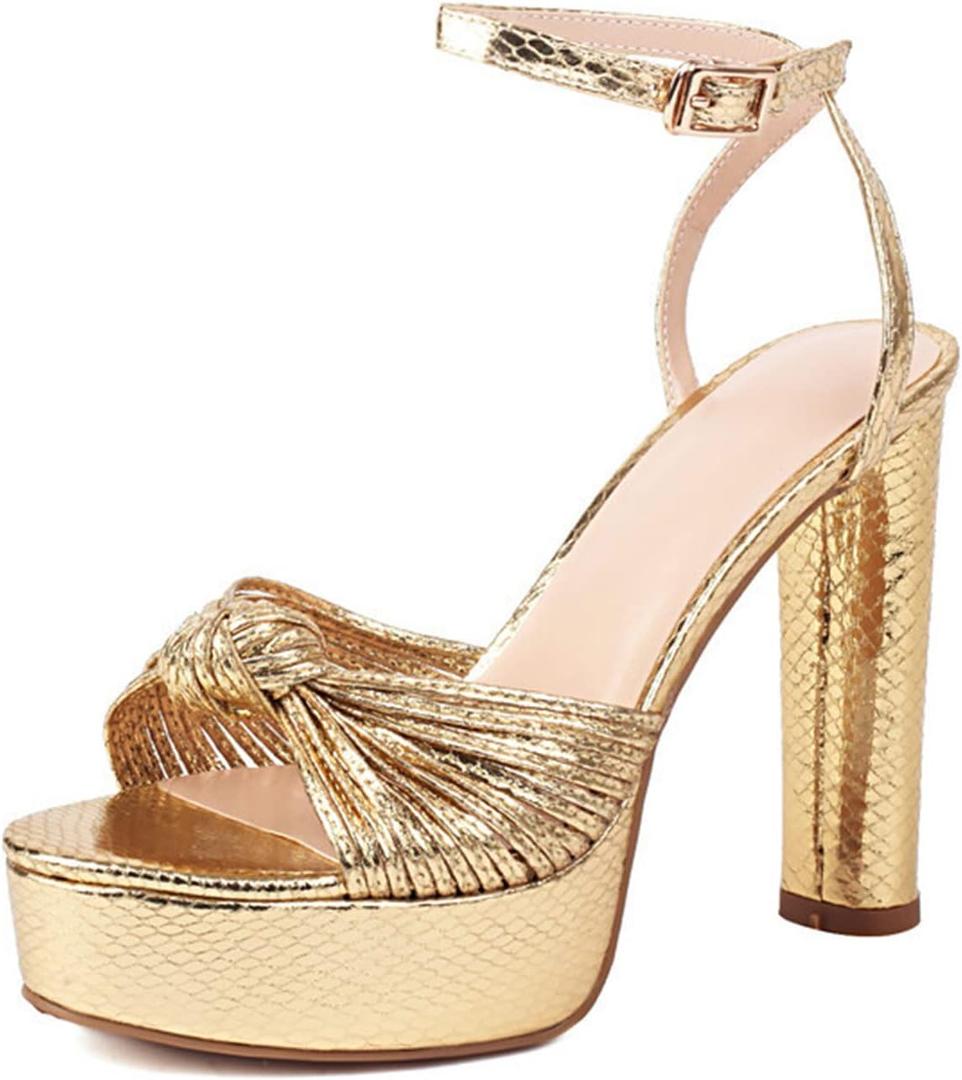 Goolita Bow Metallic Platform Heels for Women Chunky Buckle Ankle Strap Heeled Sandals Sexy Snakeskin Comfortable Party Bridal Shoes (9.5, Gold)