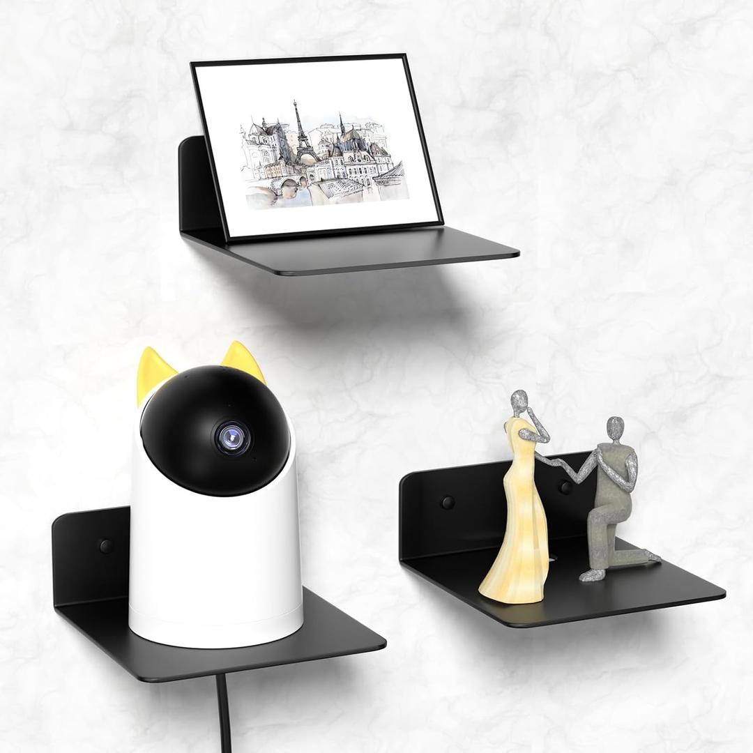 Wisfame Small Wall Shelves Set of 3, 5 Inch Metal Display Ledges for Small Models, Funkos, Collectibles, Little Statues, Adhesive Floating Shelves for Bathroom, Living Room, Bedroom (Black), 4.9" x 4.9"-3PCS