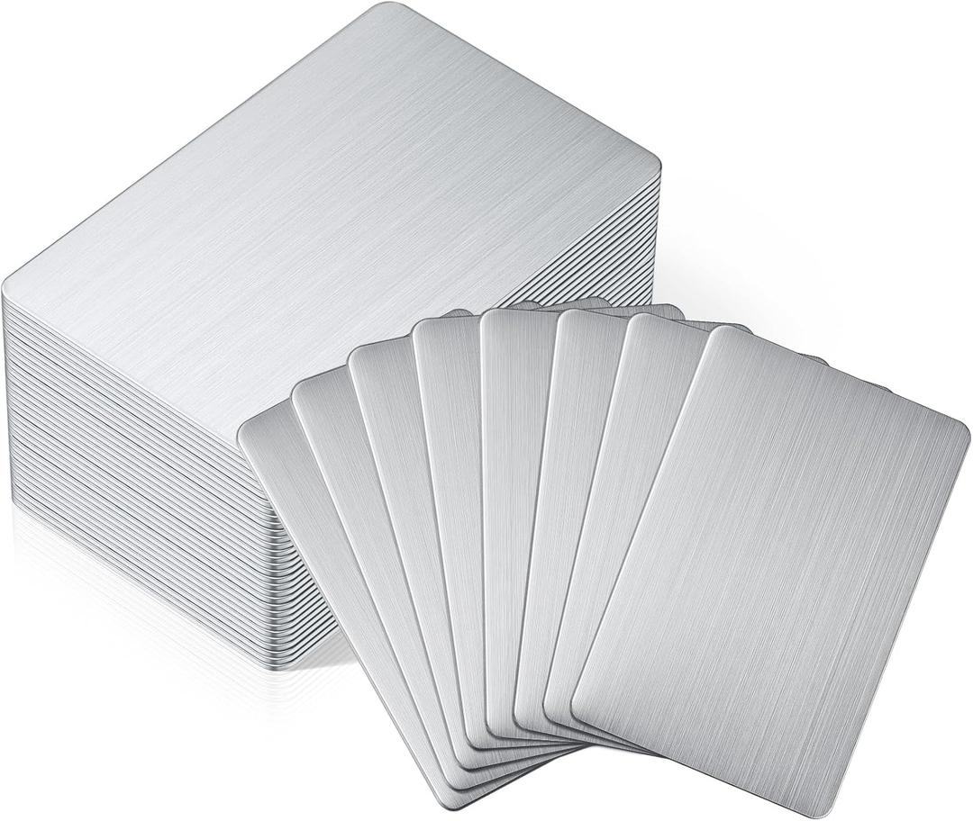 Tandefio 50 Pcs 304 Stainless Steel Metal Business Cards 3.4 x 2.1 inch Sublimation Blank Steel Card Laser Engraving Stainless Plate for House Office Customer DIY Gift (0.8 mm Thickness)