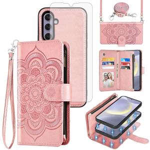 Asuwish Phone Case for Samsung Galaxy S24 Plus S24+ 5G Zipper Wallet Cell Cover with Tempered Glass Screen Protector Crossbody Strap Flower Flip Card Holder S24plus 24S + S 24 24+ Women Men Rose Gold