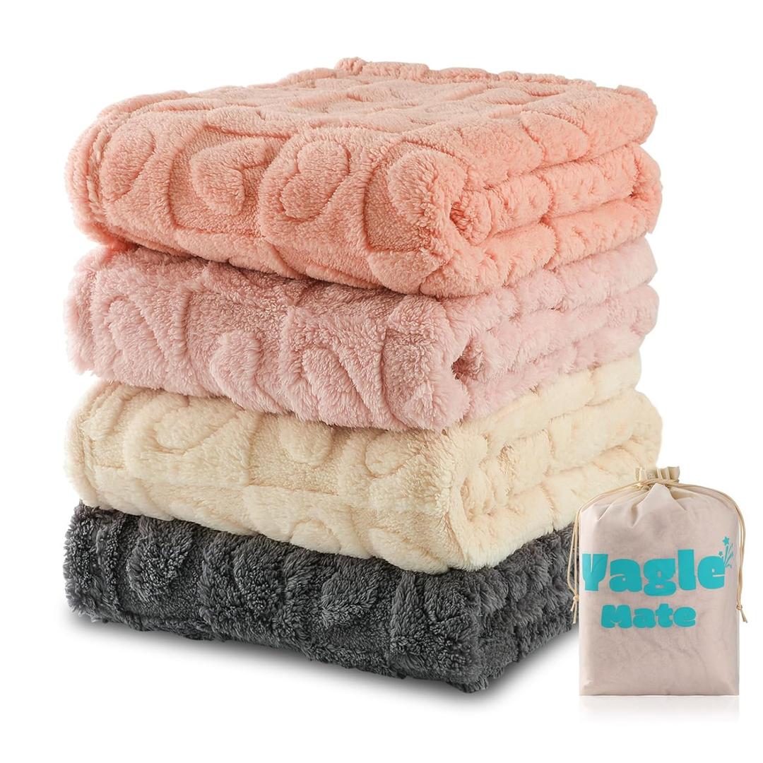 4 Pcs Baby Blankets,Fleece Heart Checkered Blanket, Cozy and Fluffy Crib Blankets for Girls, Toddler Receiving Blankets 3040 Light Pink Sakura Pink White Grey