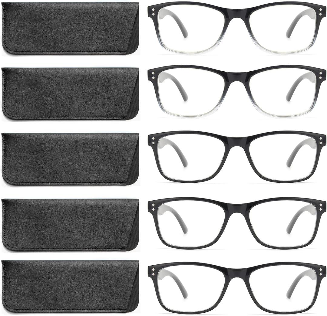 Reading Glasses Blue Light Blocking, Computer Glasses for Women Men, Fashion Square Eyeglasses 5 Pairs (Black, +1.25)