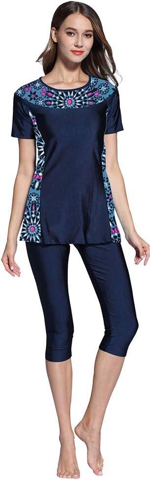 Ababalaya Womens' Color Block Moderate Cover 2 Piece Swimsuit Burkini (3X-Large, Navy Blue-1)