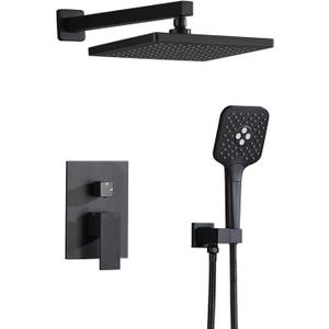 Shower system with Concealed Valve, Wall Mounted Shower Faucet Set for Bathroom, High Pressure 10-inch Rain Shower head and 3-Setting Handheld Shower Head Set,Matt Black