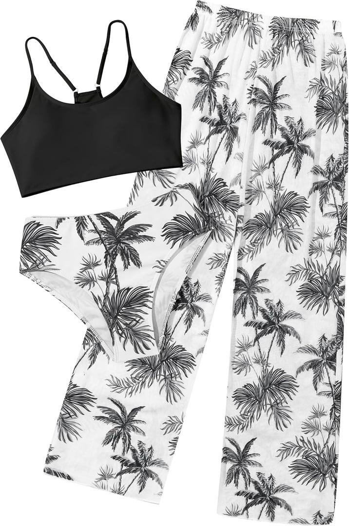 NECIOUS Girls Swimsuit, 3 Piece Bikini Bathing Suit Tropical Floral Swimwear with Cover Up Pants 7-16Y (13-14 Years, Black)