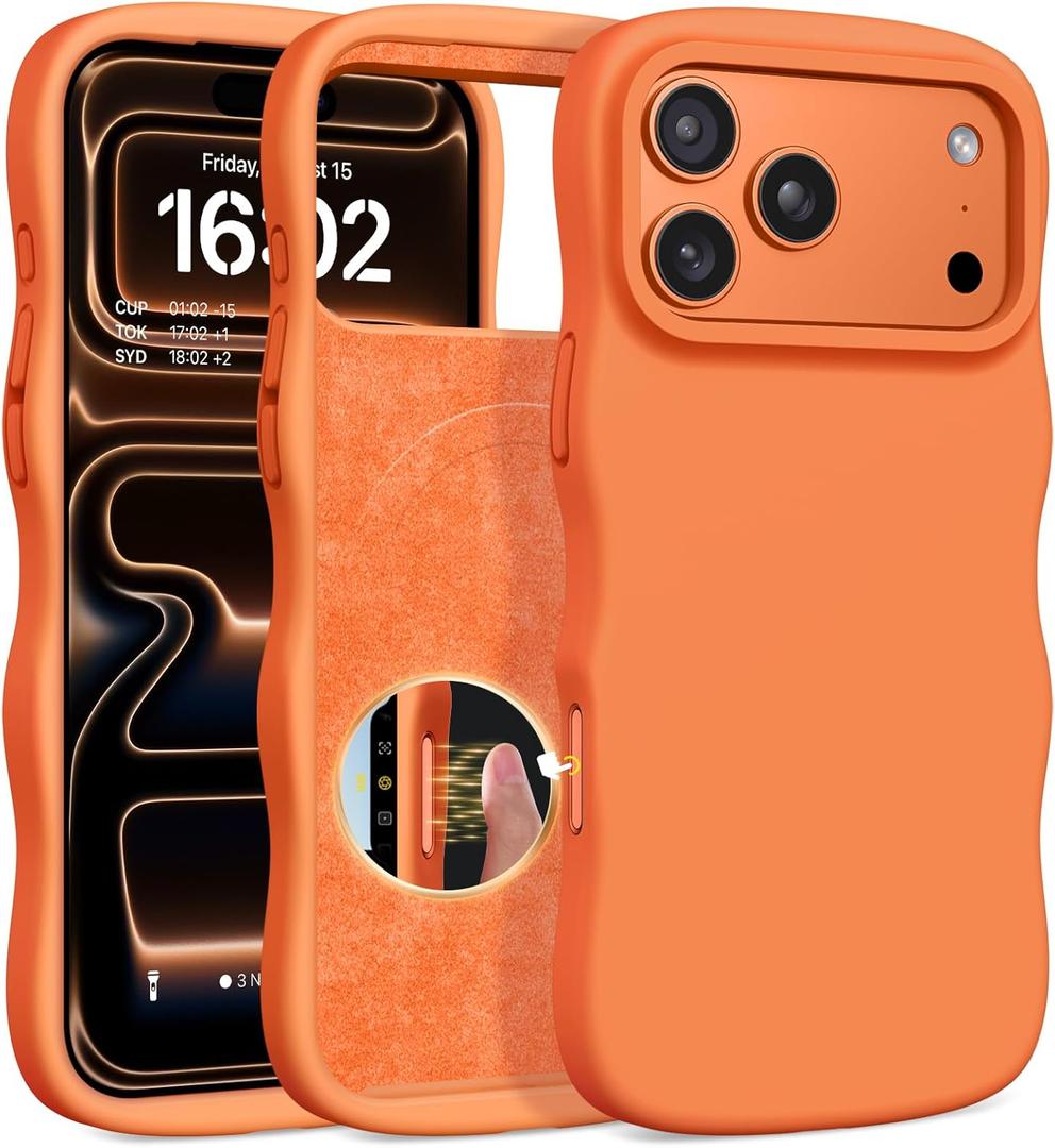 BENTOBEN Magnetic for iPhone 17 Pro Case 2025, Slim Silicone Cute Curly Wavy Edge [Compatible with Magsafe] Shockproof Drop Protective Bumper Women Girly Phone Cover for iPhone 17 Pro, Cosmic Orange
