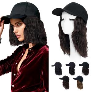 S-noilite Hat Wig for Women, Baseball Cap Wig with BOB Hair Attached Adjustable Hat Wigs Short Wave Brown Synthetic Hair Extensions, 8 inch Dark Brown