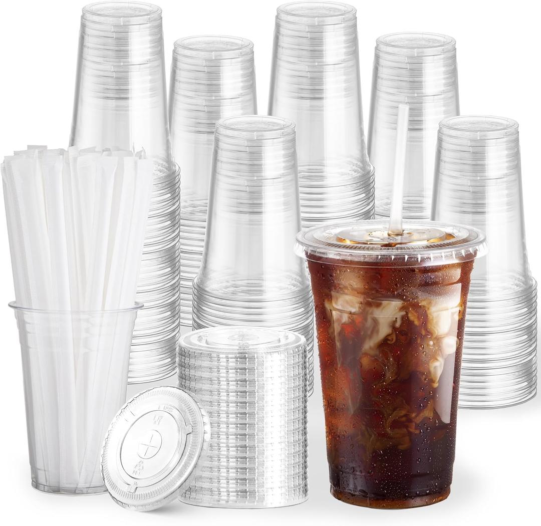 100 Pack 20 oz Clear Plastic Cups with Lids and Straws, Disposable Coffee Cups with Lids, To Go Iced Coffee Cups with Lids, Disposable Cups for Party, Smoothie Cup for Cold Drinks