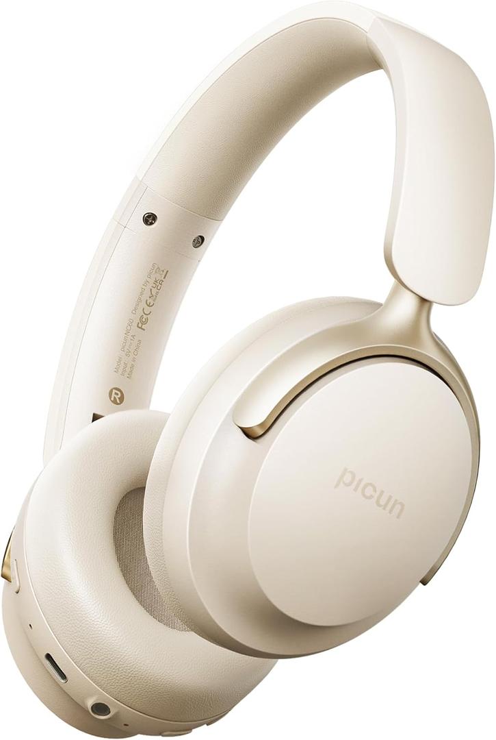 Picun NC60 Hybrid Active Noise Cancelling Headphones, Foldable Wireless Over Ear Bluetooth 5.4 Headphones, 80H Playtime, Transparency Mode, Stereo Bass, Custom EQ via App for Travel Home Khaki White