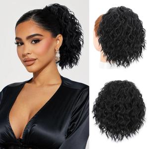 FREEMEIGE Short Ponytail Extension 8 Inch Short Wavy Curly Ponytails Drawstring Ponytail for Black Women Black Pony Tails Hair Extensions Synthetic Hairpiece for Daily Use (1B)