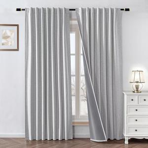 100% Blackout Curtains 90 inch Length 1 Panel Faux Linen Long Drapes for Bedroom Living Room Black Out Room Darkening Curtain Thermal Insulated Back Tab Rod Pocket(W70 x L90, Off-White)