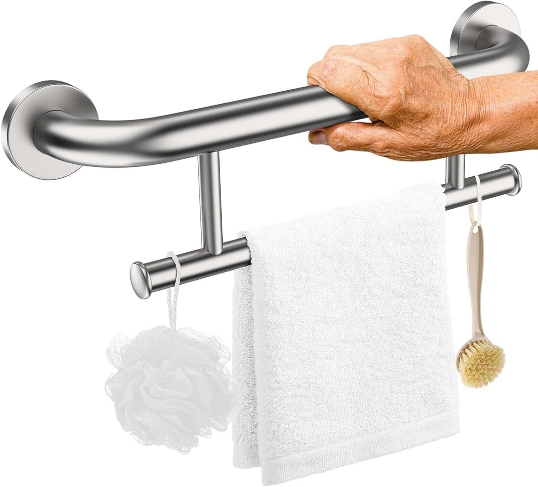 Brushed Nickel Grab Bar 17 Inch w/Towel Holder, iHansee Stainless Steel Shower Towel Bar Bathroom Balanced Support Handle, Wall Mount Safety Handrail Grab Rail for Elderly Senior Handicap Disabled