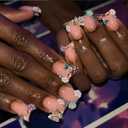 Duck Press on Nails Short Fake Nails Sparkly False Nails with 3D Flower Butterfly Designs Luxury Nail Press ons Glossy Acrylic Artificial Nails for Women 24Pcs (Duckbill Style-Z4Z41)