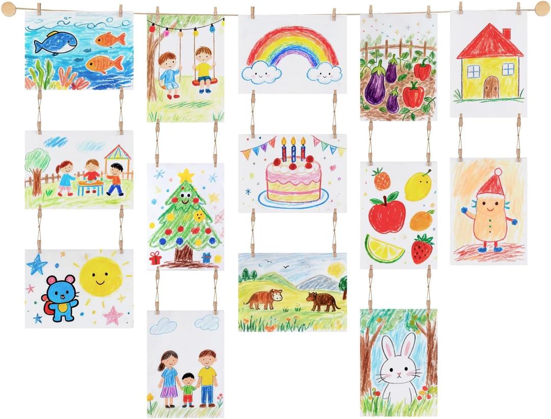 Mkono Art Display for Kids Artwork, 59" L Hanging Rope Boho Wall Decor with 34 Clips, Kids Art Collage Pictures Holder, Wall Hanging Decoration for Room Bedroom Playroom Classroom