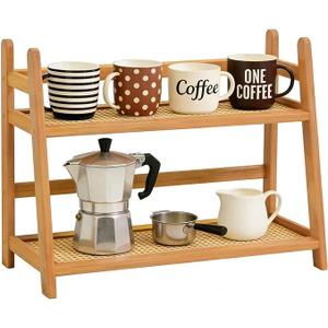 Household 2-Tier Cup Shelf Organizer, Kitchen Counter Shelf for Tea Coffee Bar Accessories, Bamboo Mug Holder Countertop, Matcha Stand, Cup Display, Condiment Storage Rack - Natural