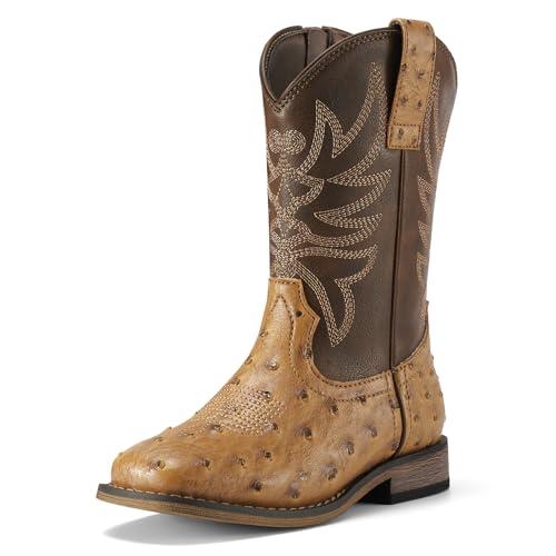 Rollda Kids Cowboy Boots for Boys Girls Western Square Toe Cowgirl Boots with Walking Heel (Little Kid), Pull-on Tabs and Zipper Size 3