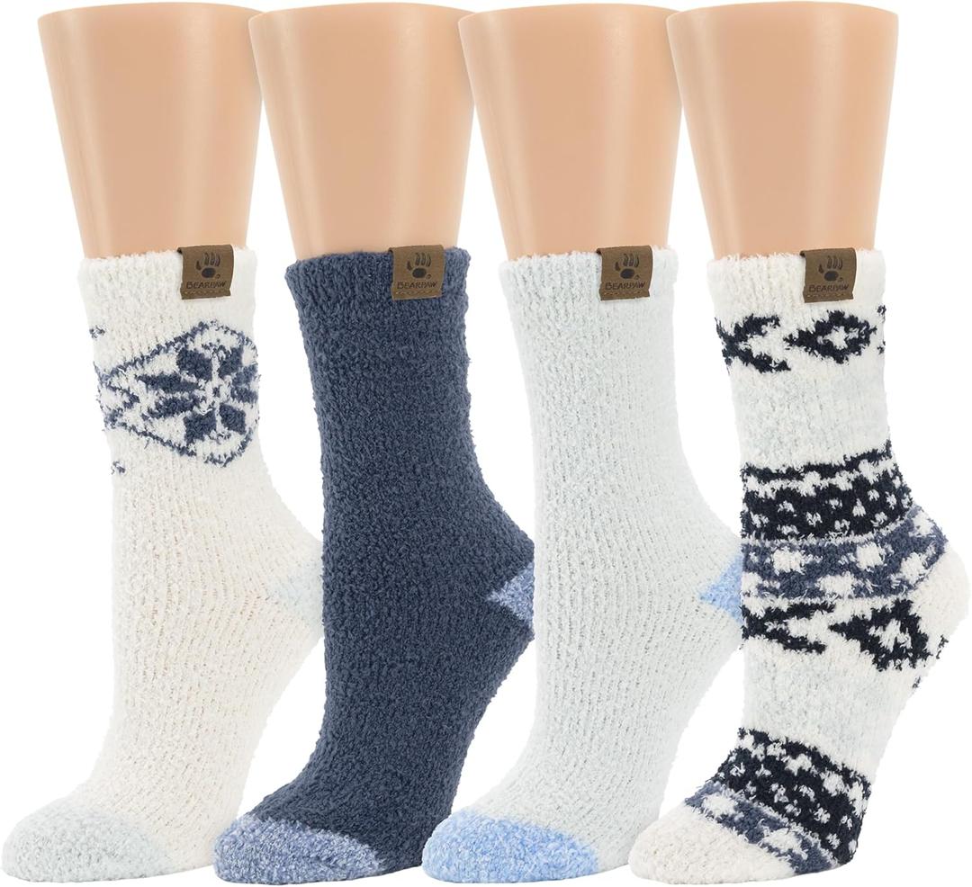 BEARPAW 4 Pair Pack Cozy Super Soft Lounge Socks Multi Pattern Crew Socks (One Size, Blue Nights)